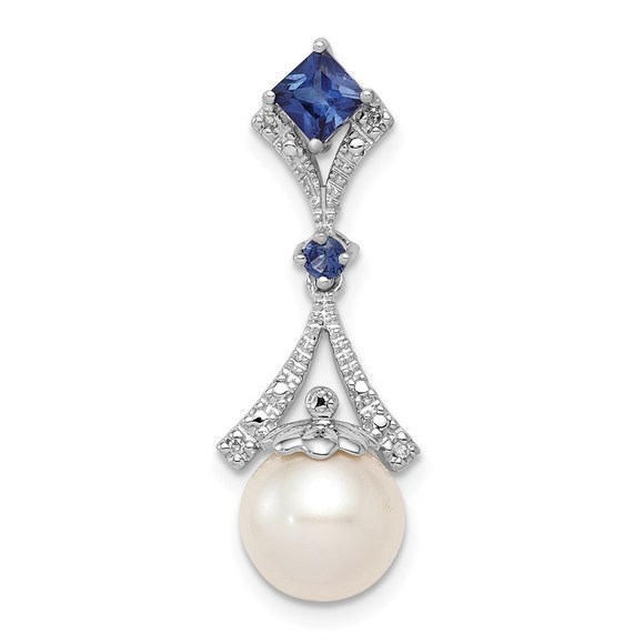 925 Sterling Silver Dia. Created Blue Sapphire FWC Pearl Necklace Charm Pendant